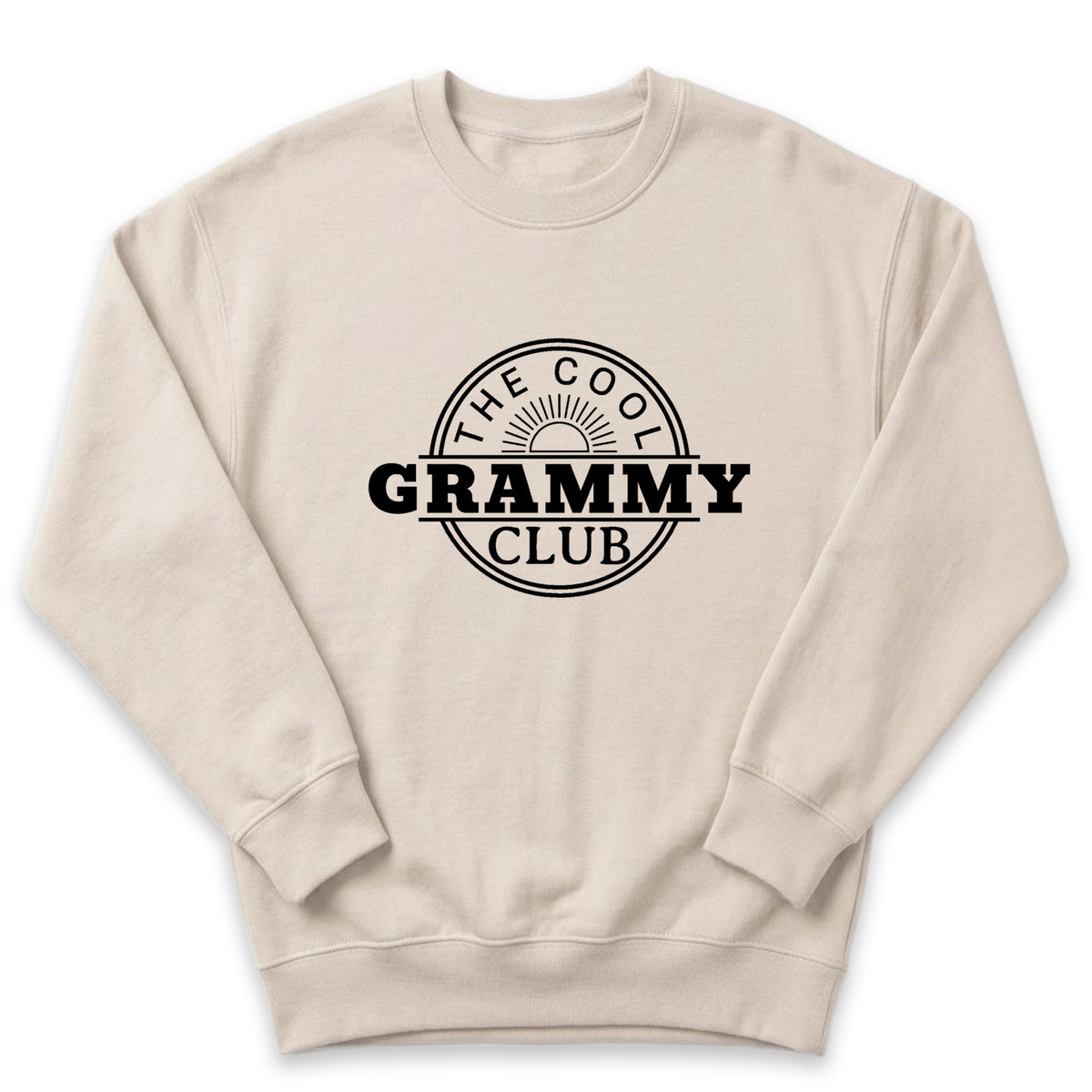 A beige sweatshirt with a black graphic design on it. The design features the text "THE COOL GRAMMY CLUB" in a circular shape.