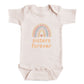 A baby onesie with a rainbow graphic and the text "sisters forever" printed on it.