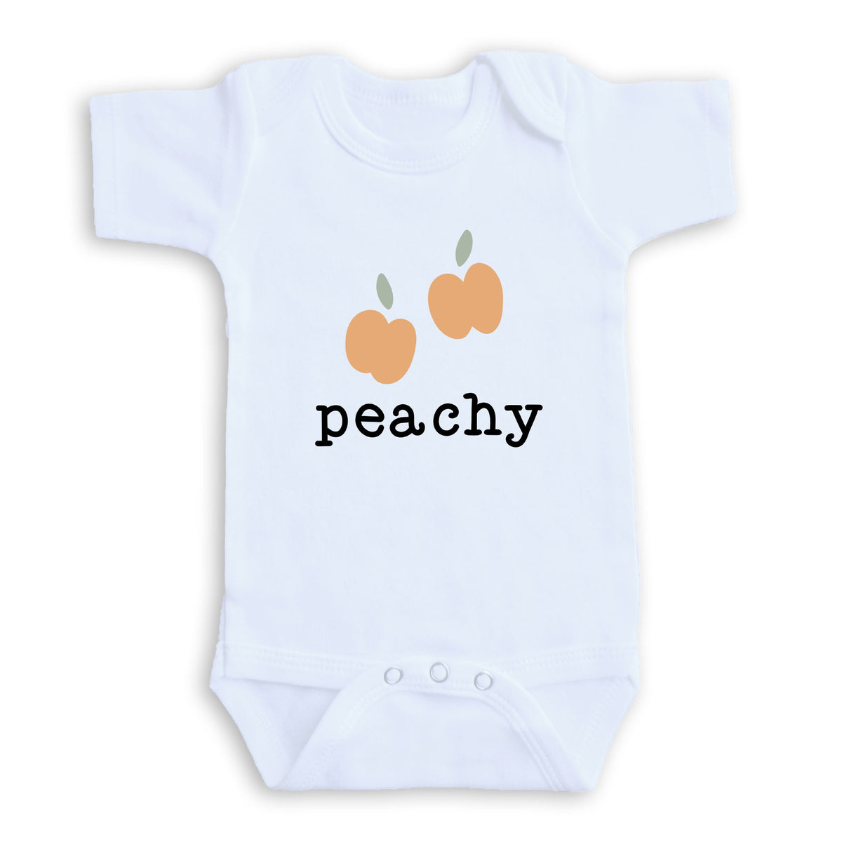 A white baby onesie with a graphic design of two peaches and the word "peachy" printed on it.