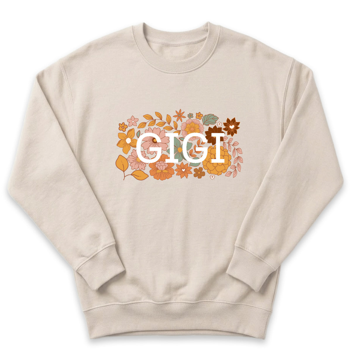 A beige sweatshirt with a floral design and the word "GIGI" printed on it.