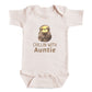 A baby onesie with a sloth graphic and the text "Chillin with Auntie" printed on it.