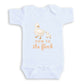 A white baby onesie with an illustration of a mother duck and her duckling, along with the text "new to the flock" printed on it.