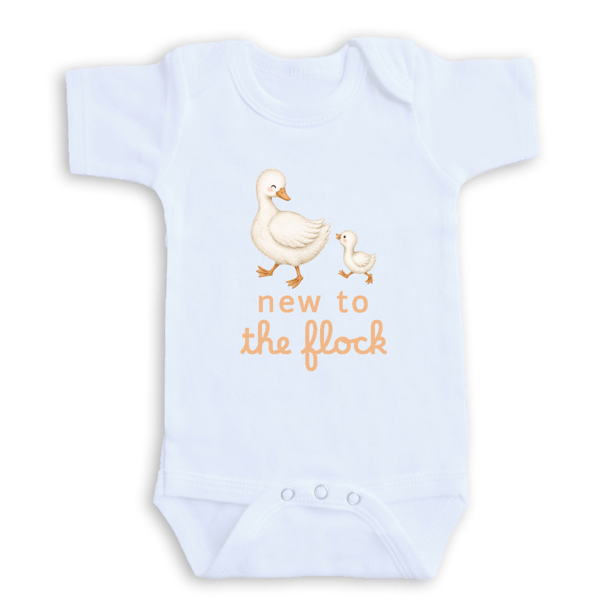 A white baby onesie with an illustration of a mother duck and her duckling, along with the text "new to the flock" printed on it.