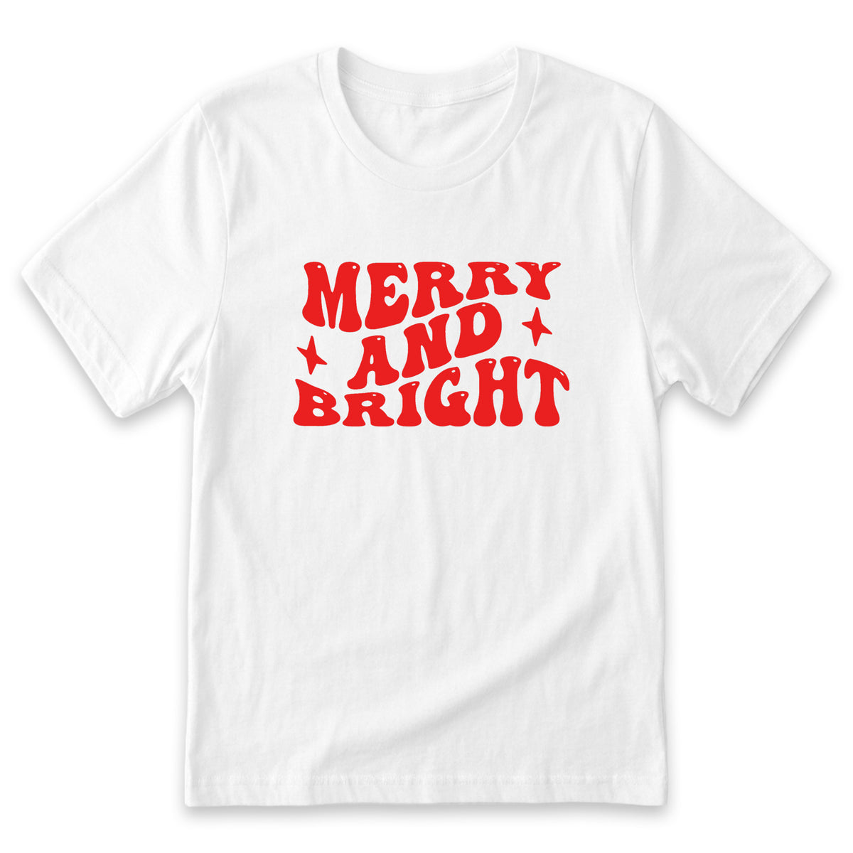 A white t-shirt with the text "MERRY AND BRIGHT" printed in red.