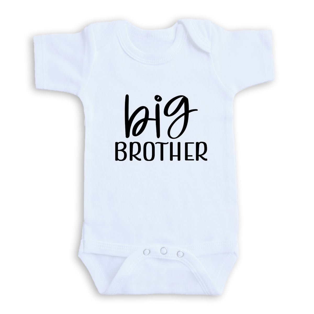 A white baby onesie with the text "BIG BROTHER" printed on it.