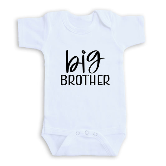 A white baby onesie with the text "BIG BROTHER" printed on it.