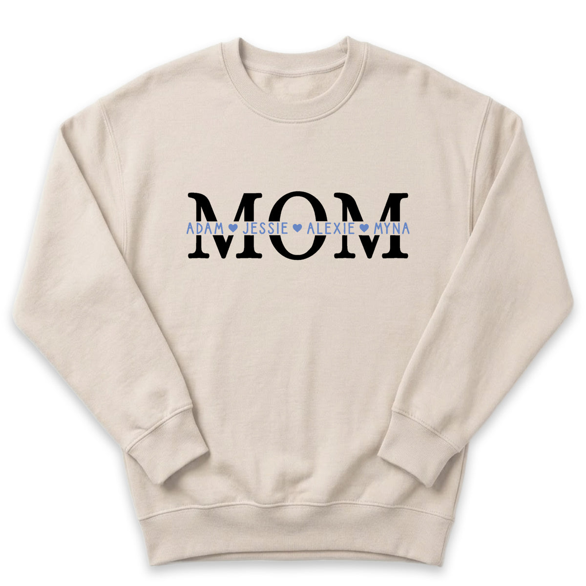 A beige sweatshirt with the word "MOM" printed on it in large black letters.