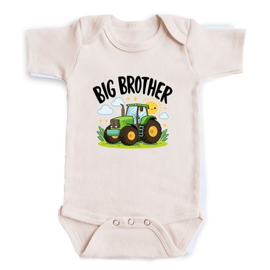 A baby onesie with a graphic of a tractor and the text "BIG BROTHER" printed on it.