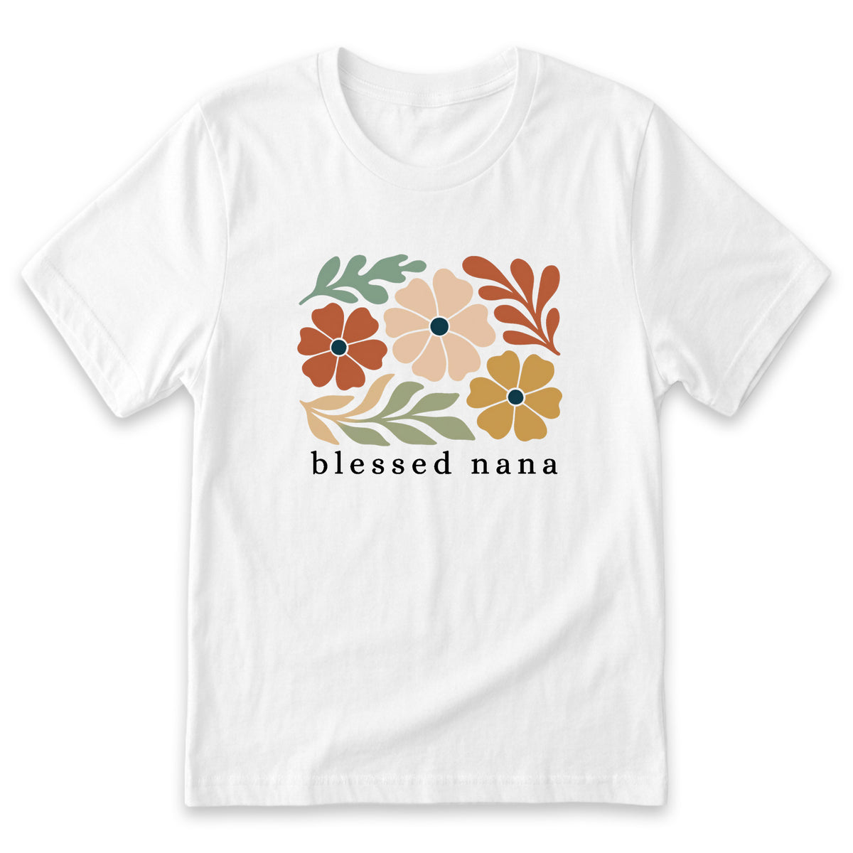 A white t-shirt with a graphic design featuring colorful flowers and leaves.