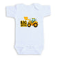 A white baby onesie with a yellow construction vehicle graphic printed on it.