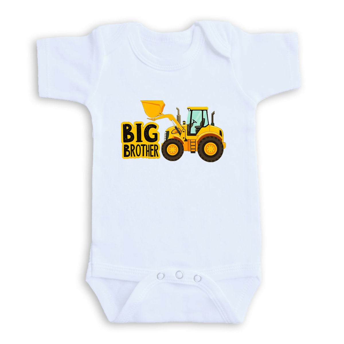 A white baby onesie with a yellow construction vehicle graphic printed on it.