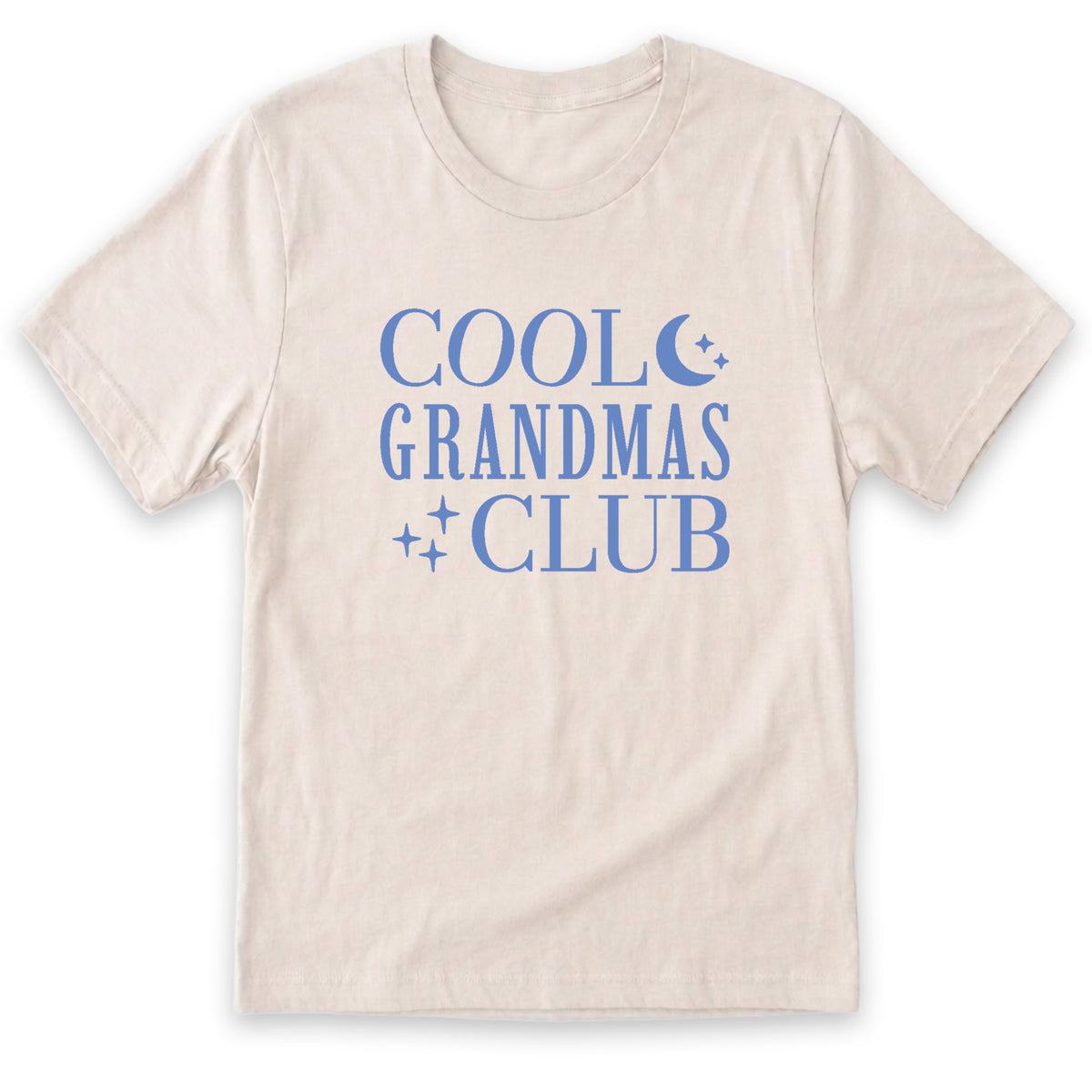 A beige t-shirt with the text "COOL GRANDMAS CLUB" printed on it in blue letters.
