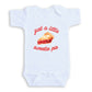 A white baby onesie with a red and white design featuring a slice of pie and the text "Just a little sweetie pie" printed on it.