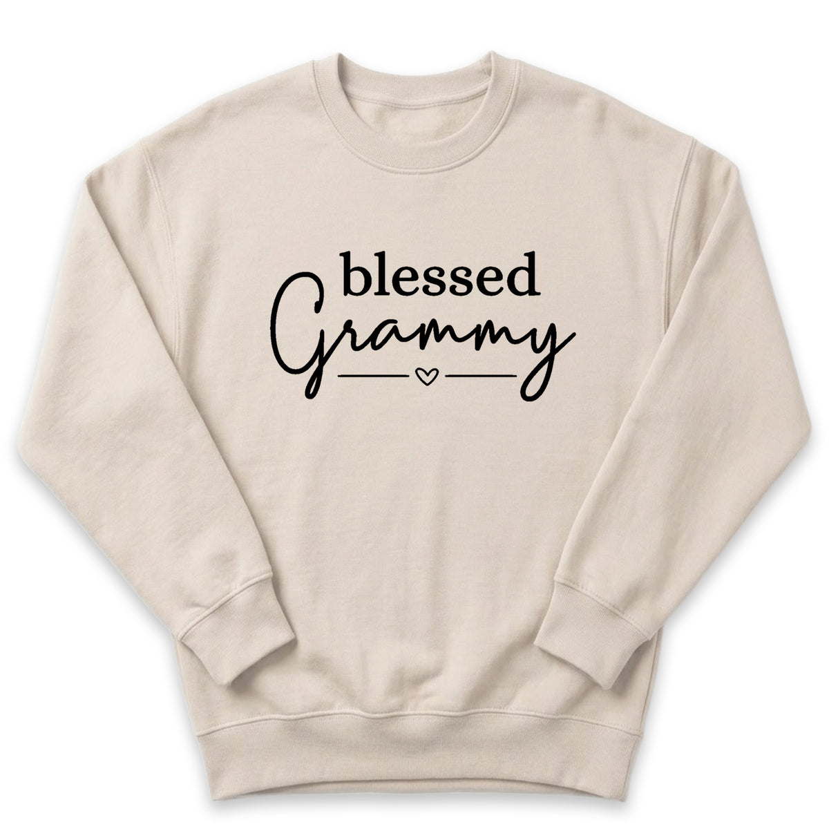 A beige sweatshirt with the text "blessed Grammy" printed on it.