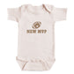 A baby onesie with a football graphic and the text "NEW MVP" printed on it.