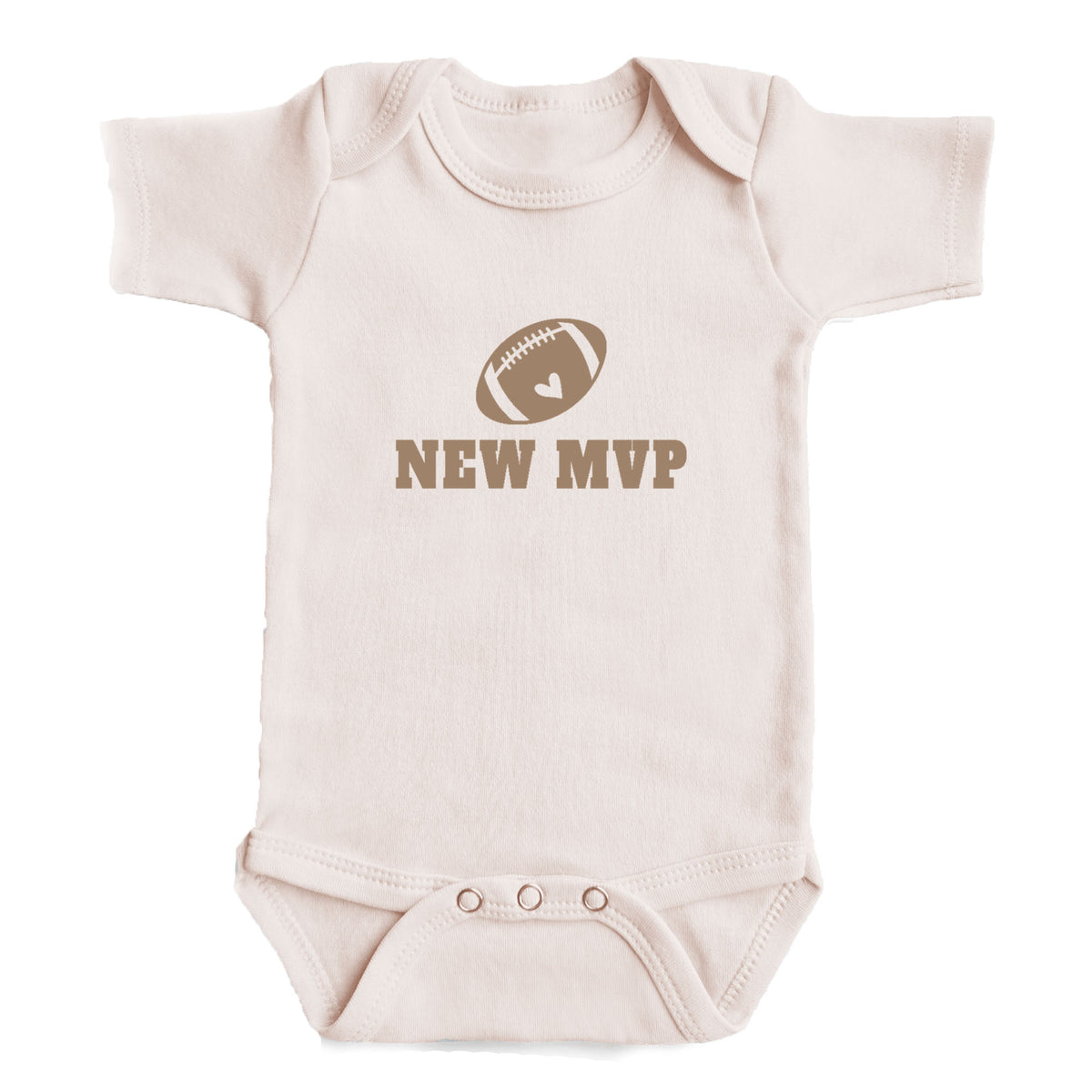 A baby onesie with a football graphic and the text "NEW MVP" printed on it.