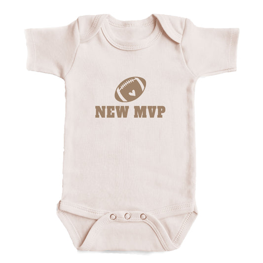 A baby onesie with a football graphic and the text "NEW MVP" printed on it.