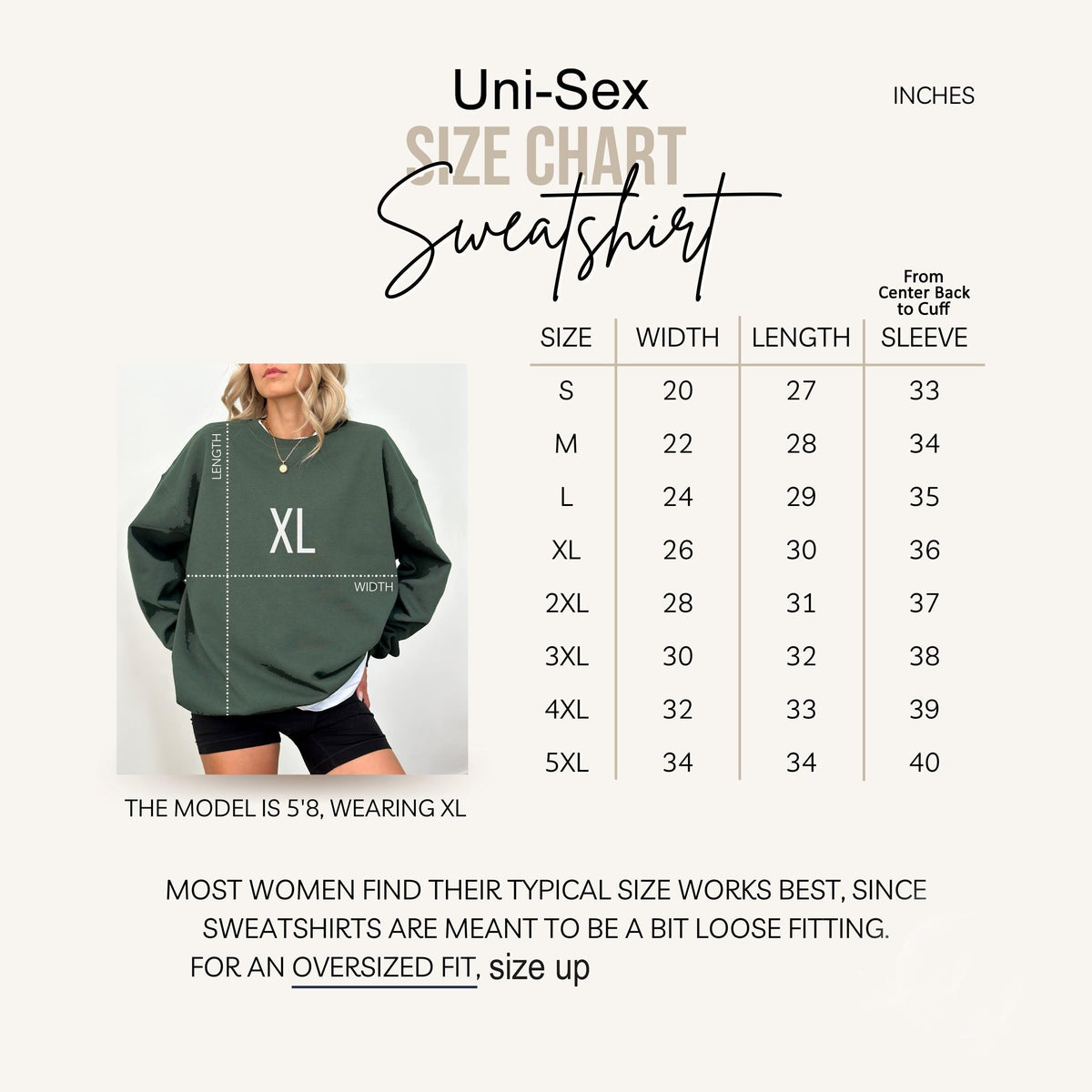 The image is a size chart for a sweatshirt, showing the measurements for different sizes.
