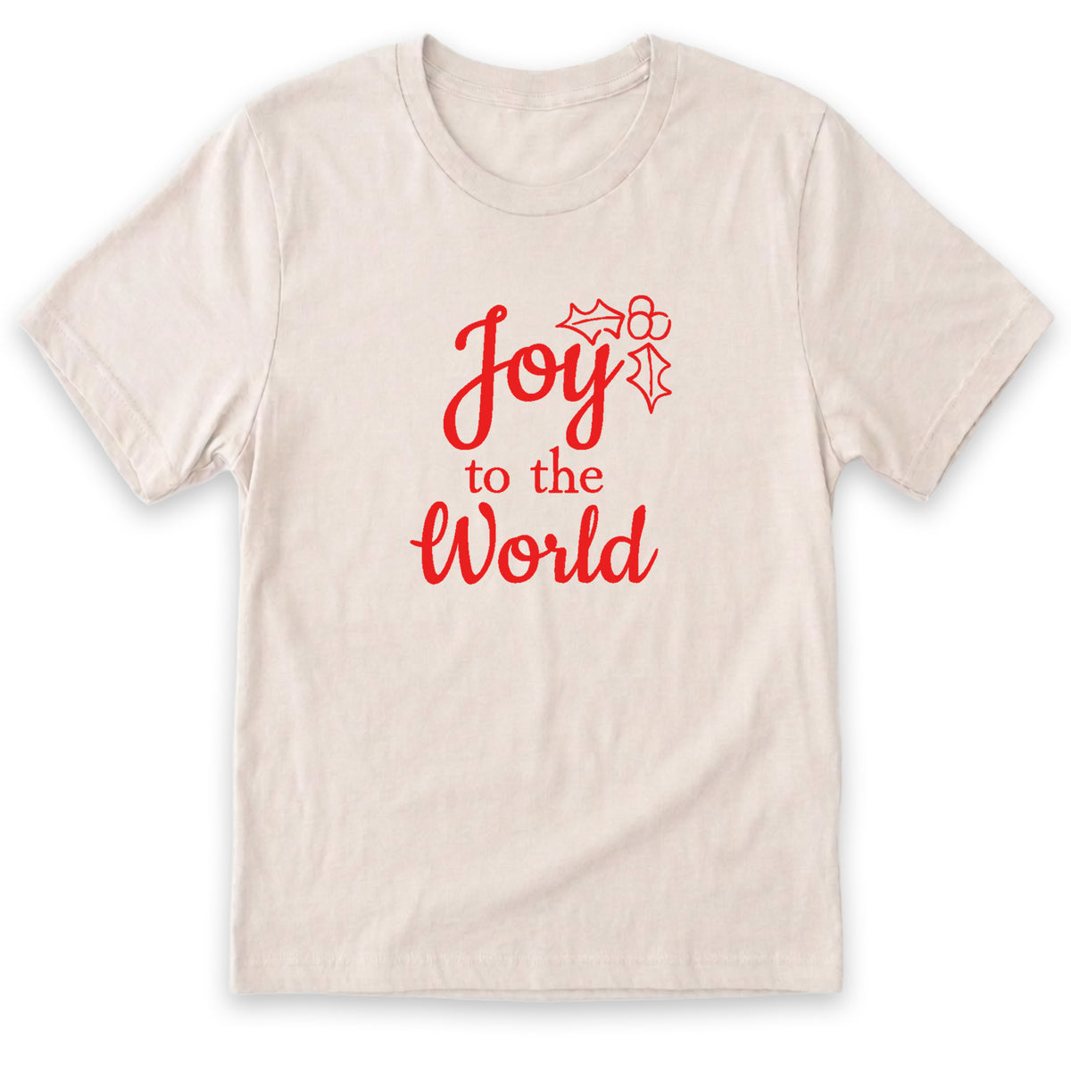 A white t-shirt with the text "Joy to the World" printed in red on it.