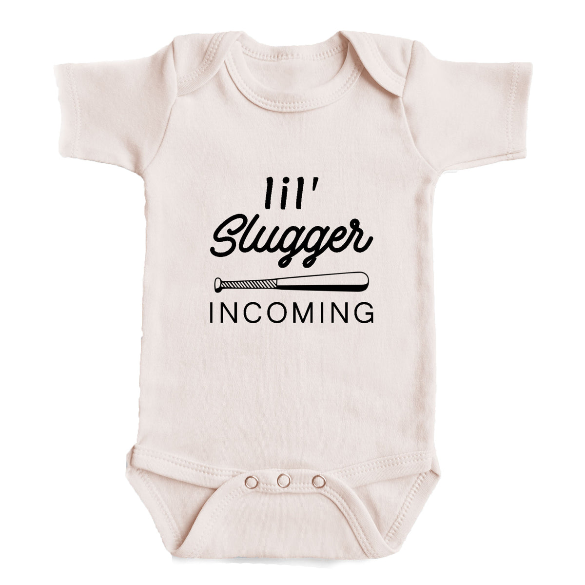 A baby onesie with the text "11'll Slugger INCOMING" printed on it.