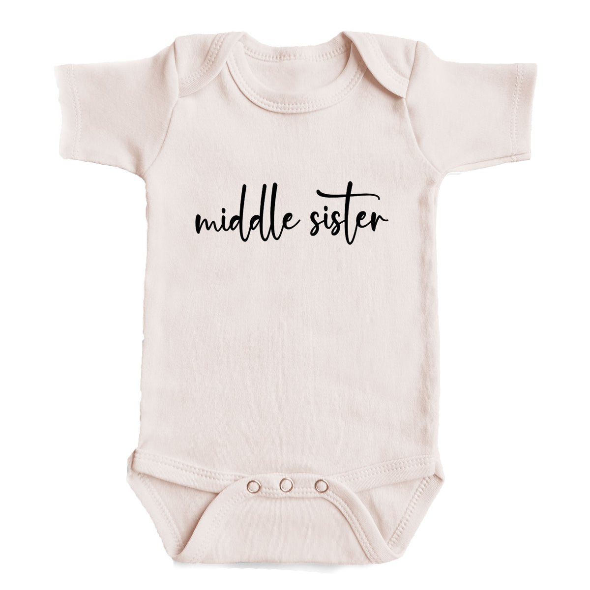 A baby onesie with the text "middle sister" printed on it.