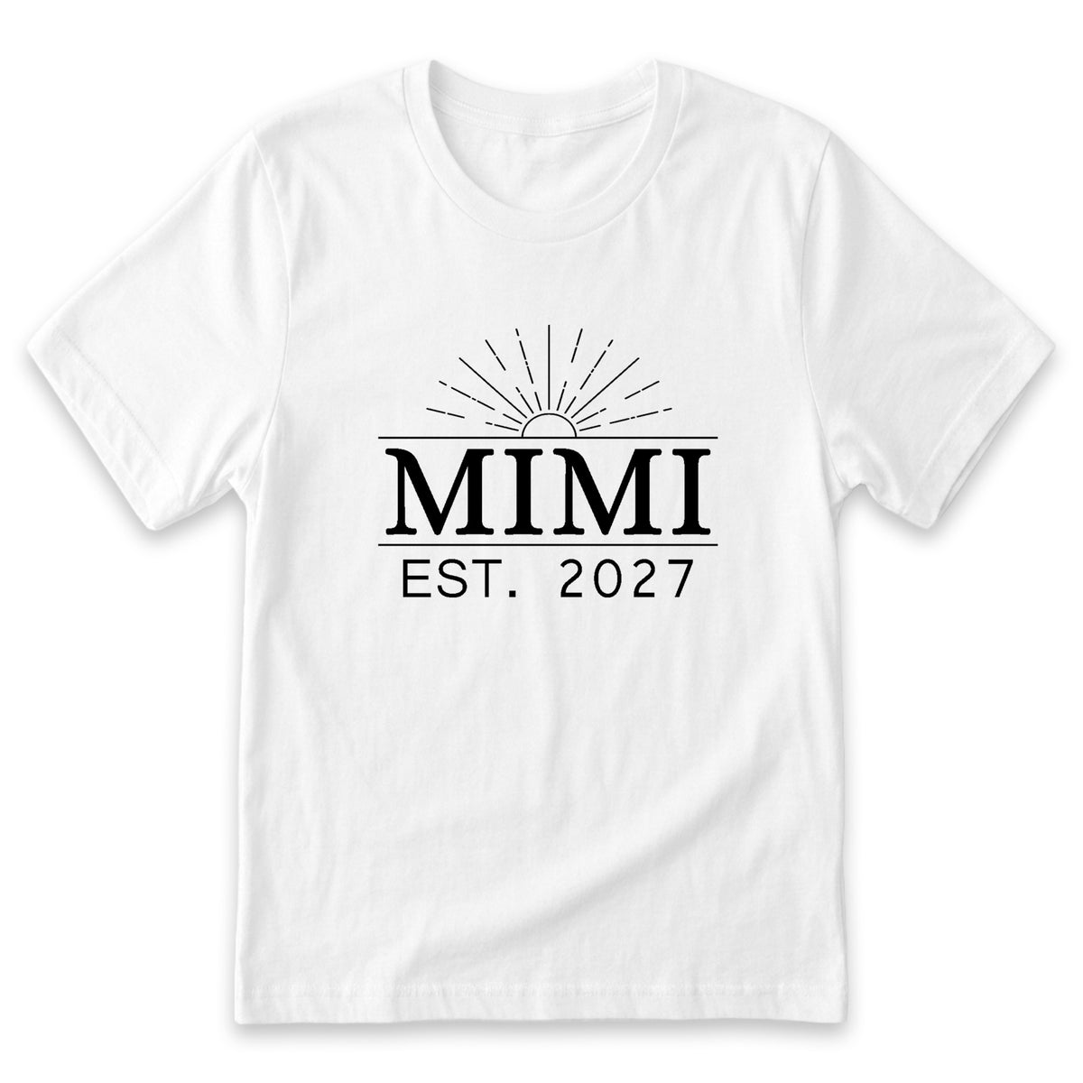 A white t-shirt with a graphic design featuring the text "Mimi EST. 2027" and a sun-like symbol.