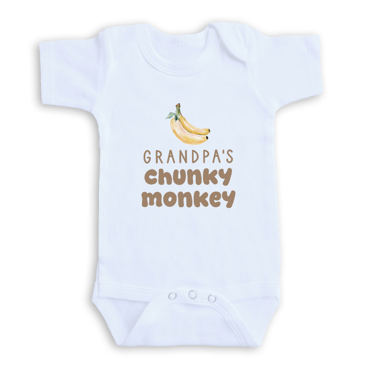 A white baby onesie with a printed design of bananas and the text "GRANDPA'S CHUNKY MONKEY" printed on it.