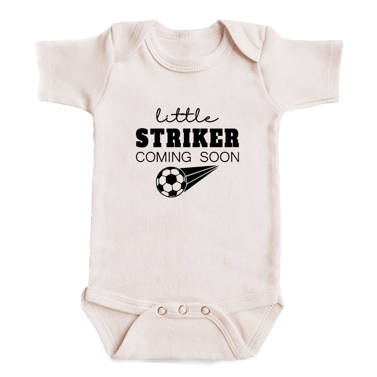 A baby onesie with the text "little STRIKER COMING SOON" printed on it, along with a soccer ball graphic.