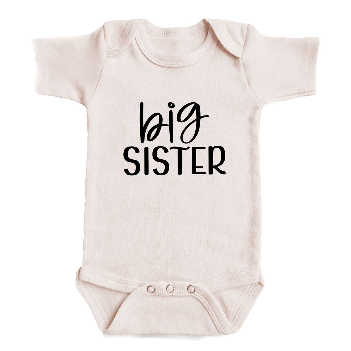 A baby onesie with the text "big sister" printed on it.