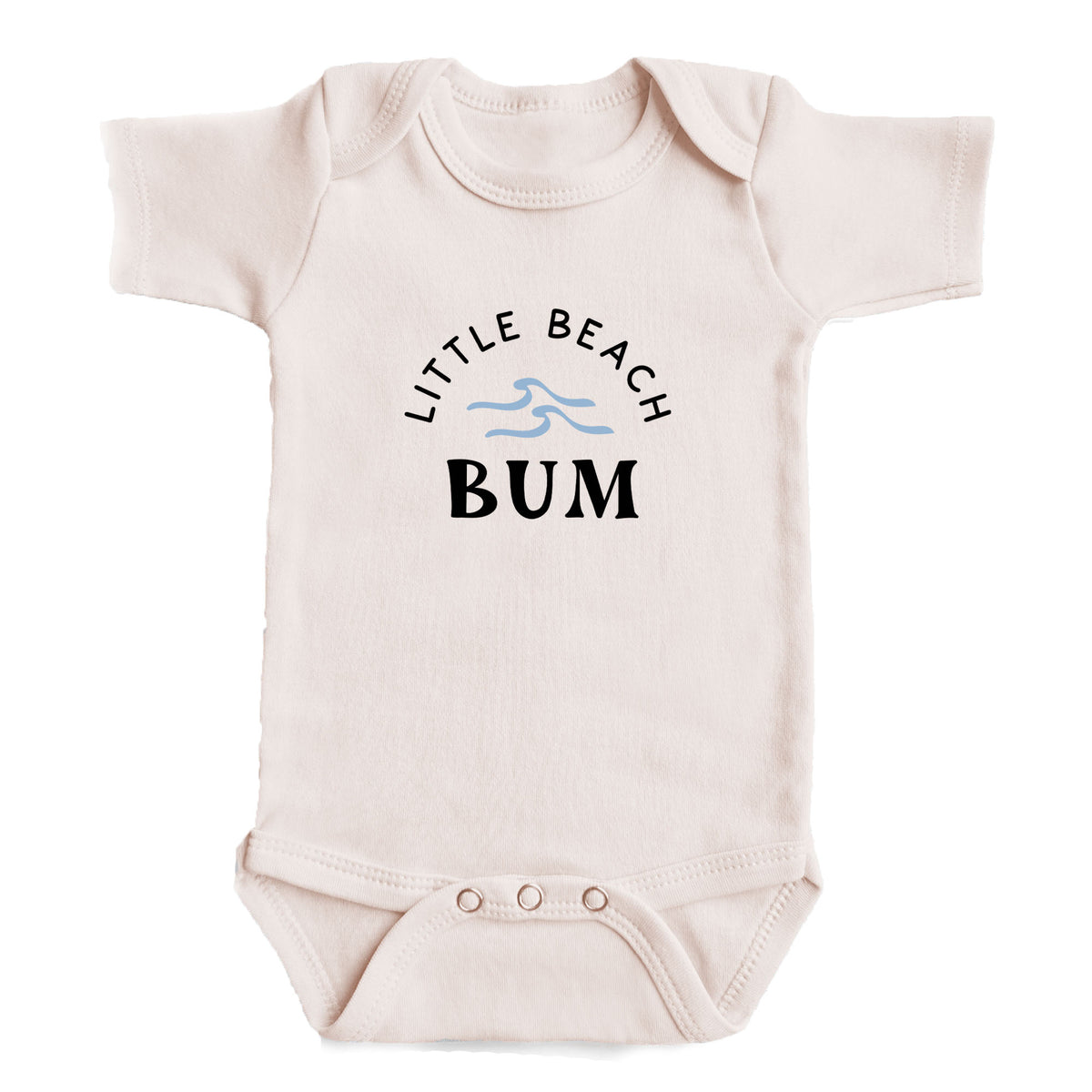 A baby onesie with the text "LITTLE BEACH BUM" printed on it.