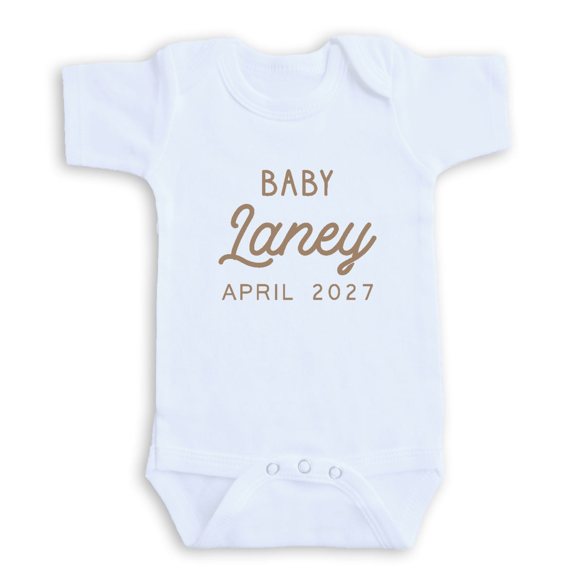 A white baby onesie with the text "BABY Laney April 2027" printed on it.