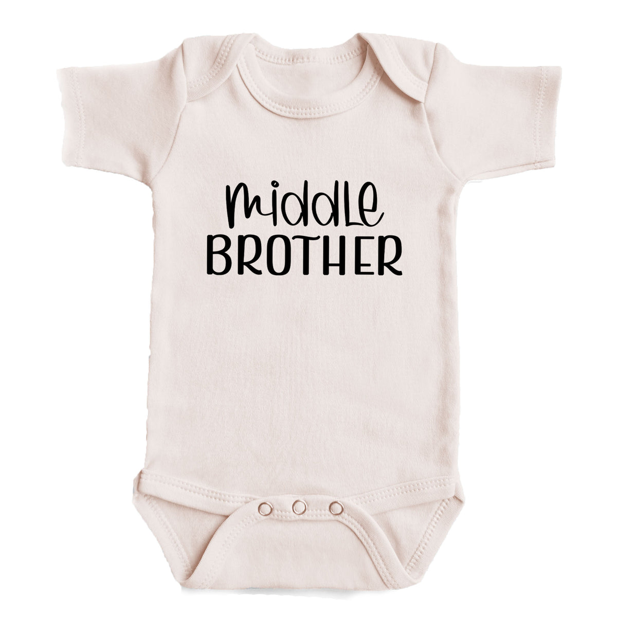 A baby onesie with the text "middle brother" printed on it.