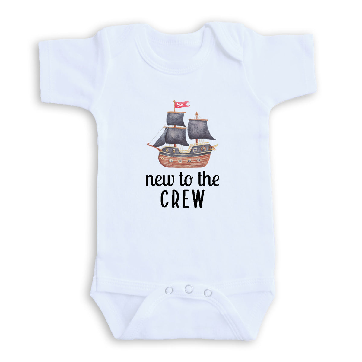 A white baby onesie with a graphic of a pirate ship and the text "new to the crew" printed on it.