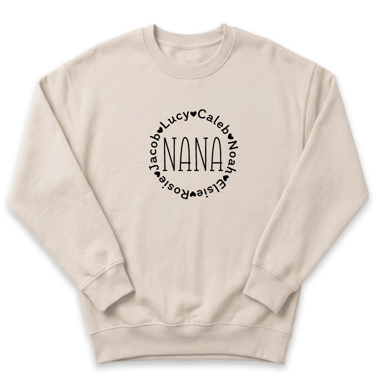 A beige sweater with a circular design featuring the word "NANA" in the center.