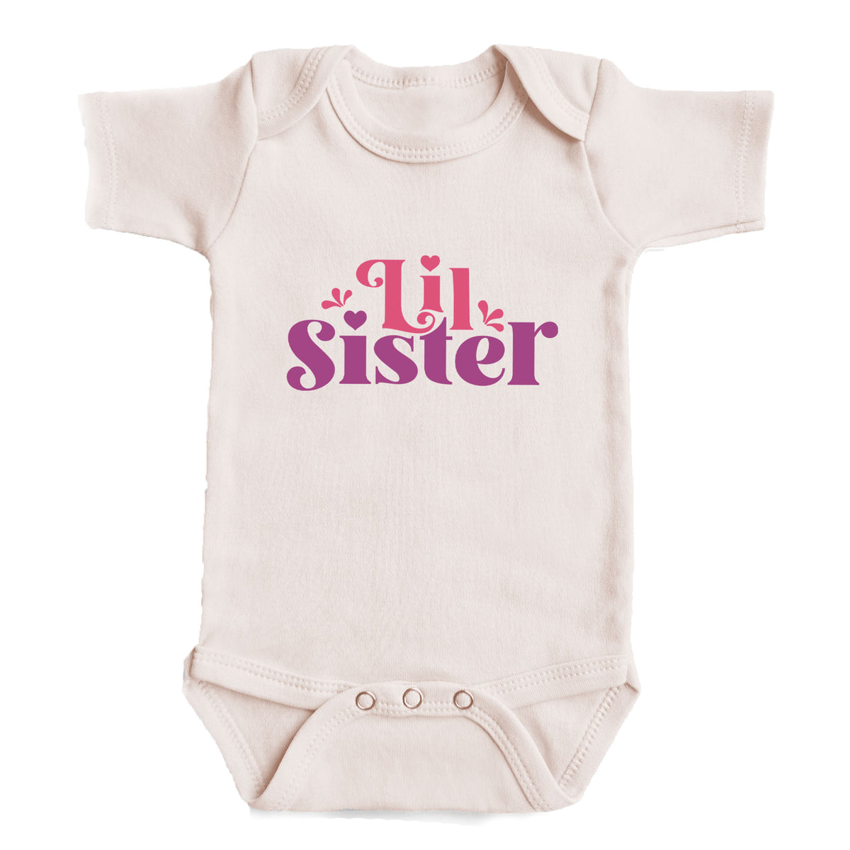 A white baby onesie with the text "Lil Sister" printed on it in a stylized font.