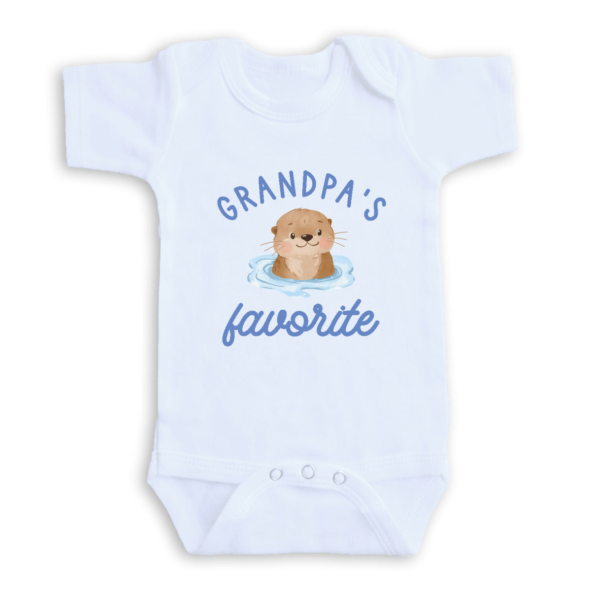 A white baby onesie with a cute cartoon otter and the text "GRANDPA'S favorite" printed on it.