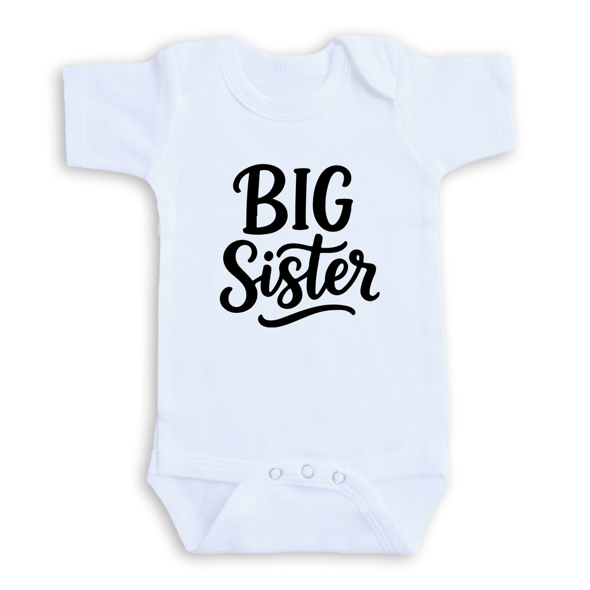 A white baby onesie with the text "BIG Sister" printed on it.