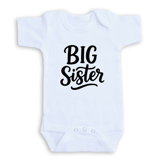 A white baby onesie with the text "BIG Sister" printed on it.