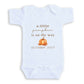 A white baby onesie with text and an illustration of a pumpkin on it.