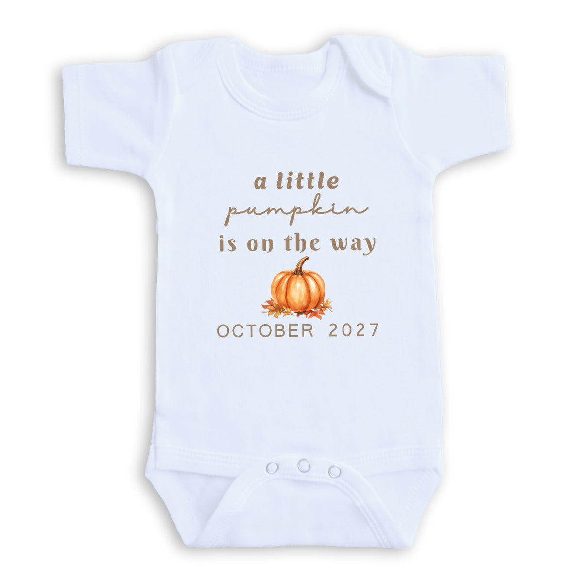 A white baby onesie with text and an illustration of a pumpkin on it.