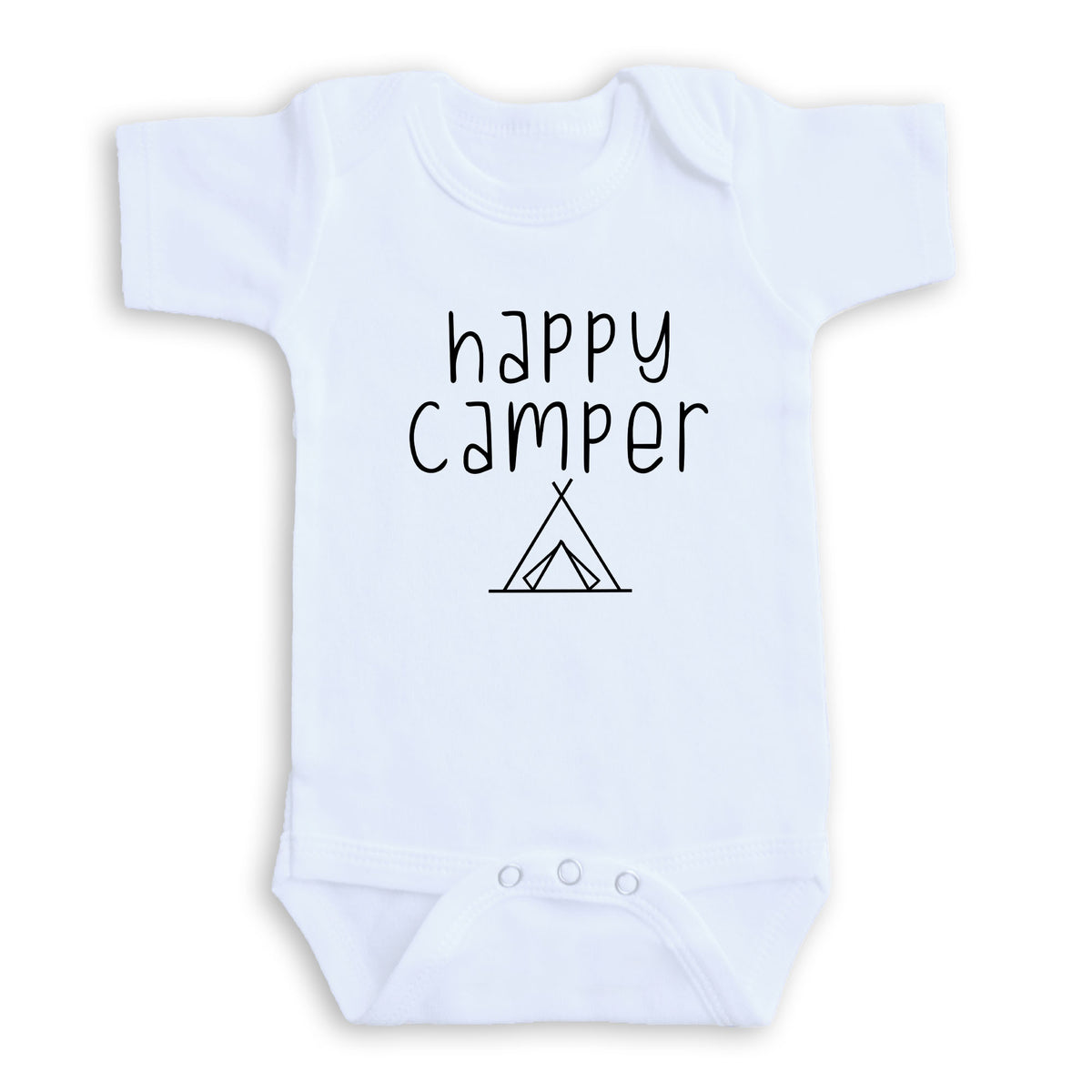 A white baby onesie with the text "happy camper" printed on it.