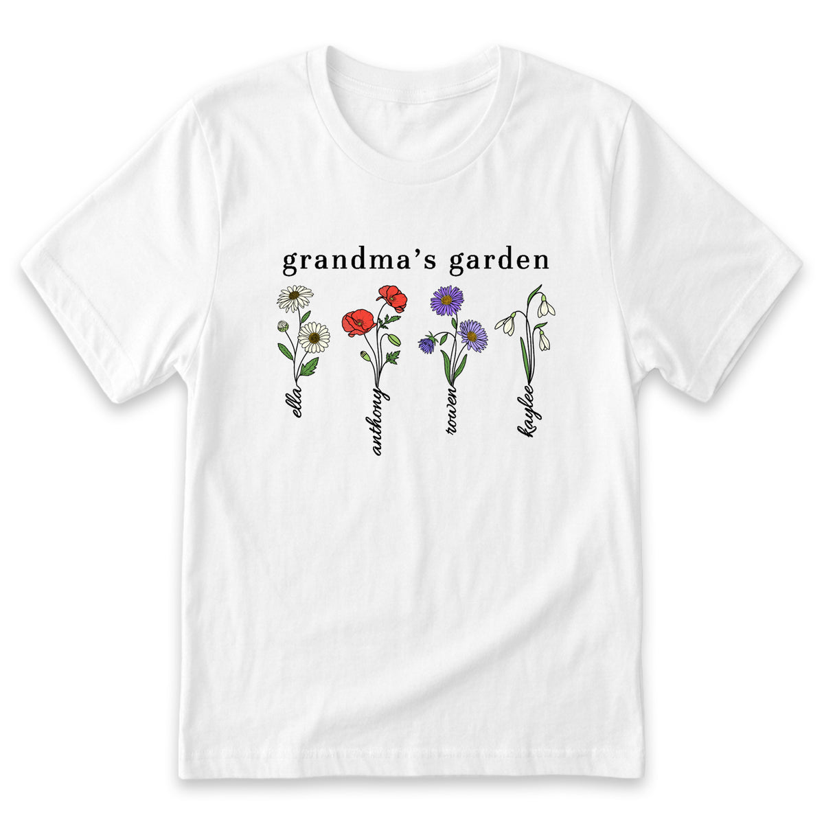 A white t-shirt with a graphic design featuring four different flowers and the text "grandma's garden" printed on it.