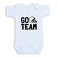 A white baby onesie with the text "GO TEAM" printed on it.