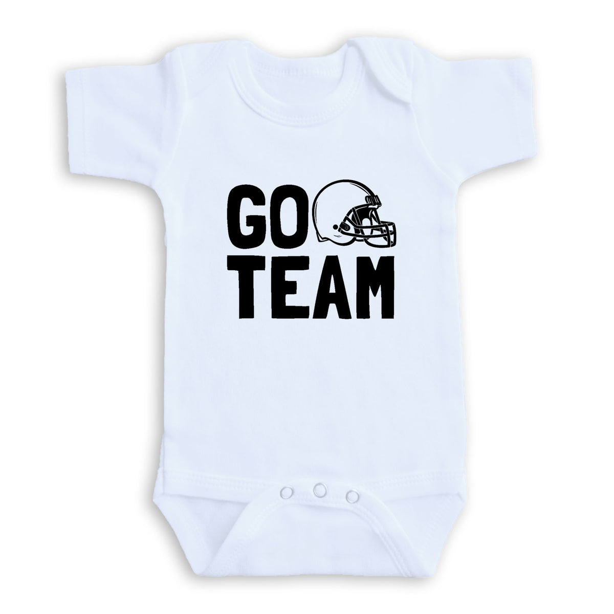 A white baby onesie with the text "GO TEAM" printed on it.