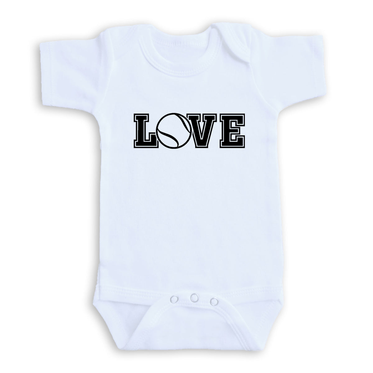A white baby onesie with the word "LOVE" printed on it in a bold, capitalized font.