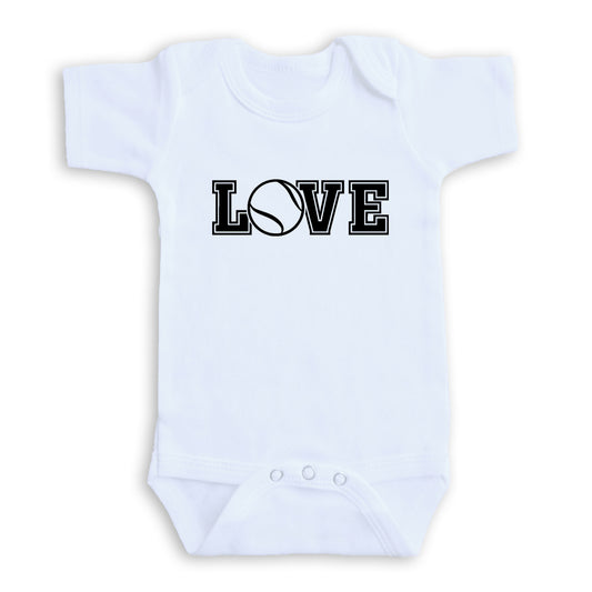 A white baby onesie with the word "LOVE" printed on it in a bold, capitalized font.