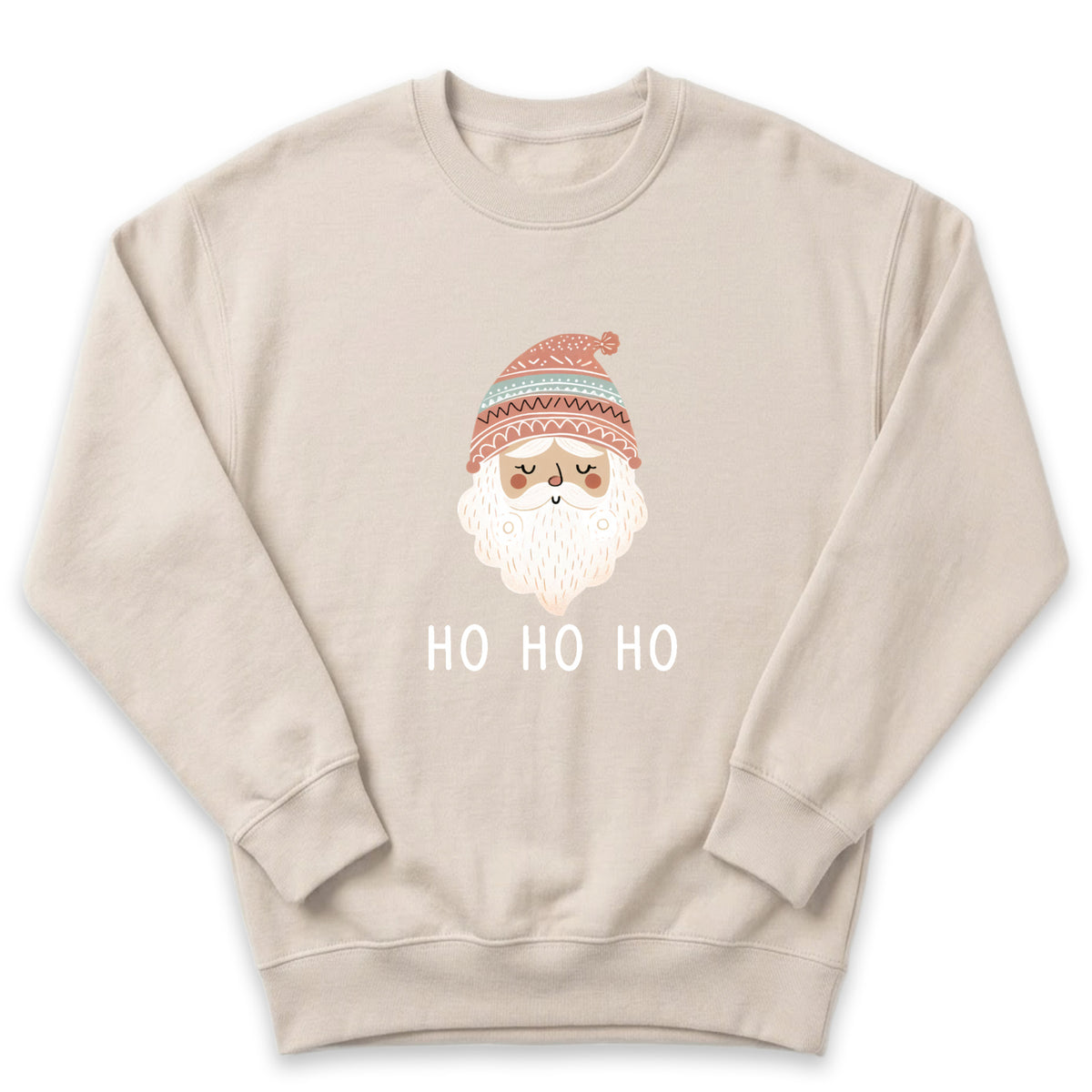 A beige sweater with a graphic of a smiling Santa Claus wearing a red and white striped hat, and the text "HO HO HO" printed below the Santa Claus image.