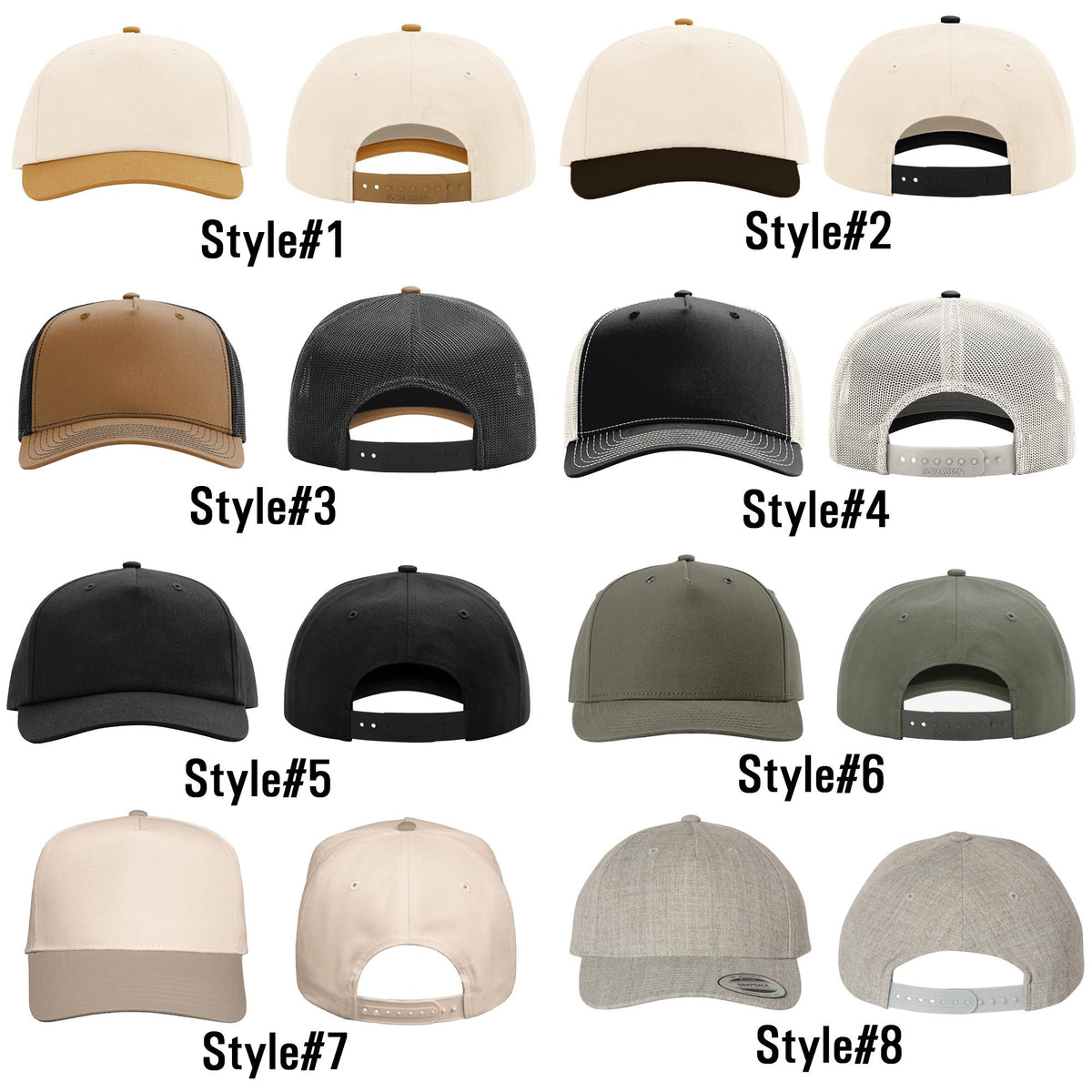 a collection of various baseball caps in different styles, including styles #1 through #8.