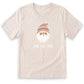 A beige t-shirt with a graphic of a smiling Santa Claus wearing a red and white striped hat, and the text "HO HO HO" below the Santa Claus image.