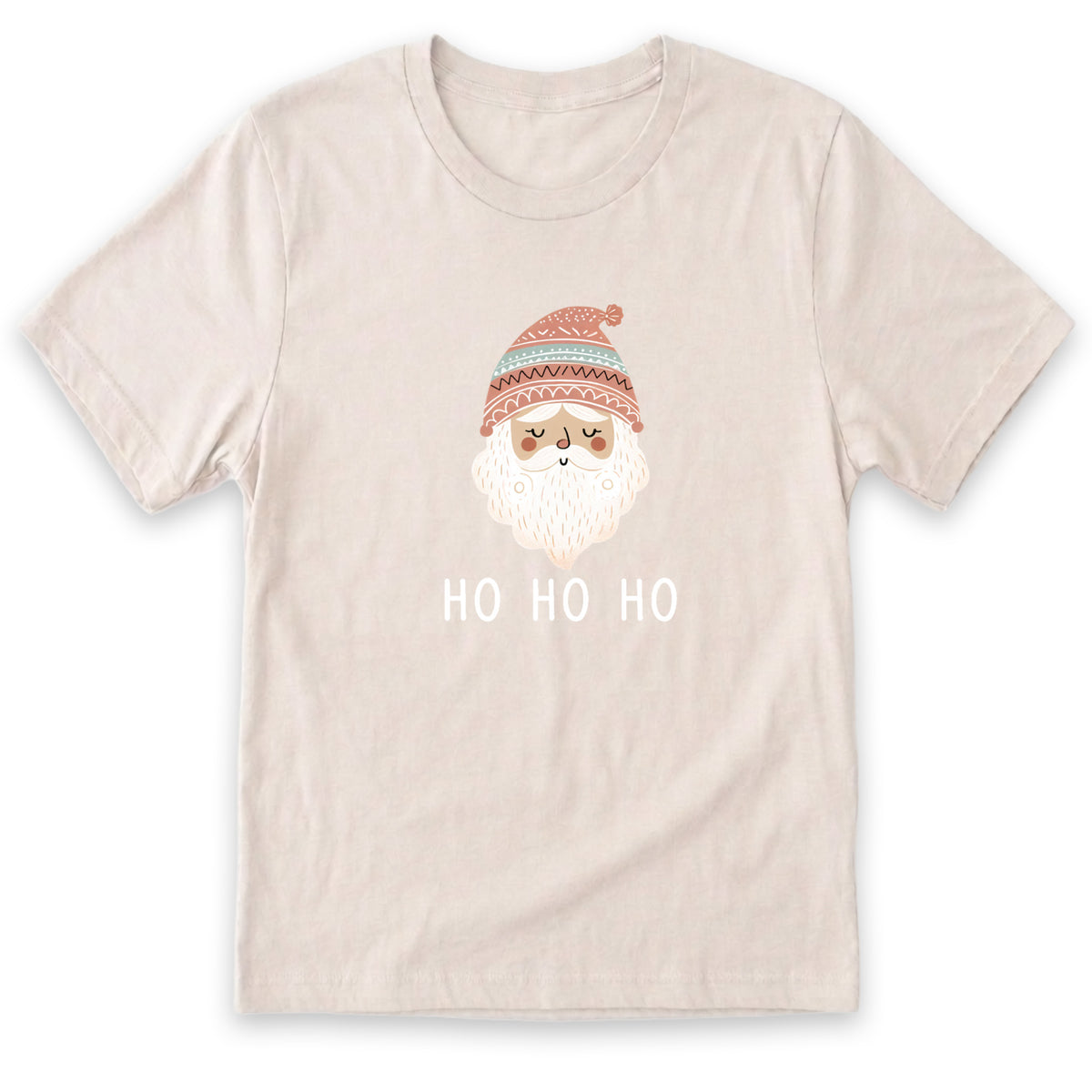 A beige t-shirt with a graphic of a smiling Santa Claus wearing a red and white striped hat, and the text "HO HO HO" below the Santa Claus image.